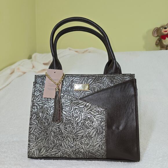 Silver Floral Embossed with Brown Calfskin Leather Tote bag Made in Mexico - Picture 1 of 7